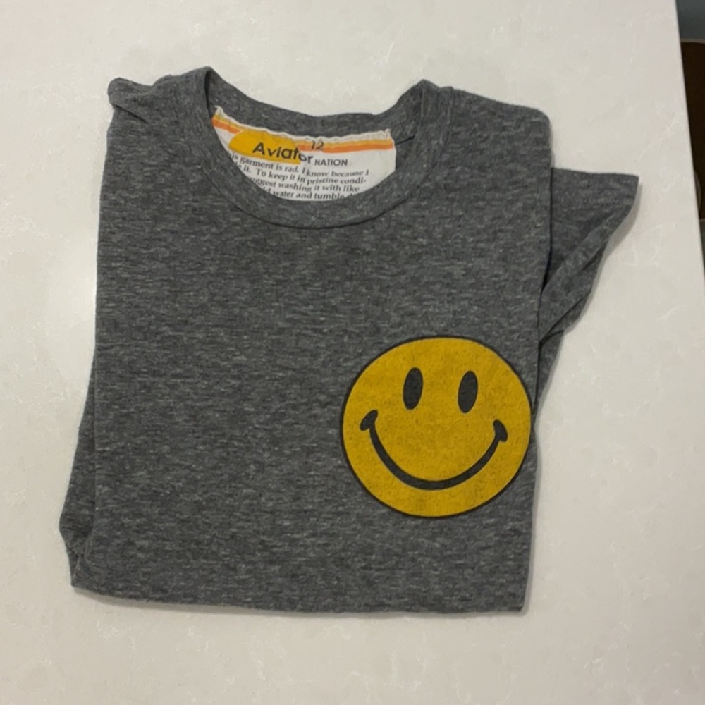 Aviator Nation Gray and Yellow Short Sleeve Tee with Smiley